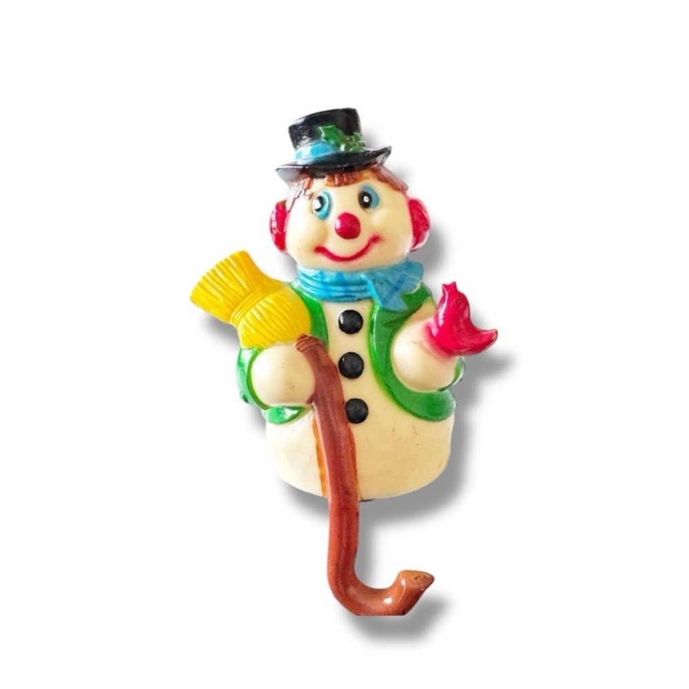 Vintage Plastic Snowman Shelf Sitter Christmas Stocking Holder Broom & Bird 60s